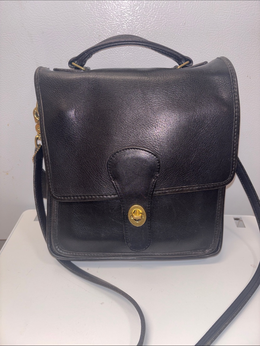 Coach Black Leather Crossbody Bag with Gold-Tone Turnlock